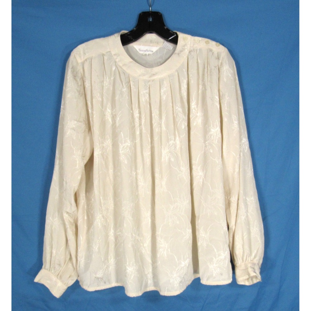 VTG SUSAN HUTTON Thin CREPE Ivory JACQUARD Pleated BUTTON SHOULDER Blouse/Top 10